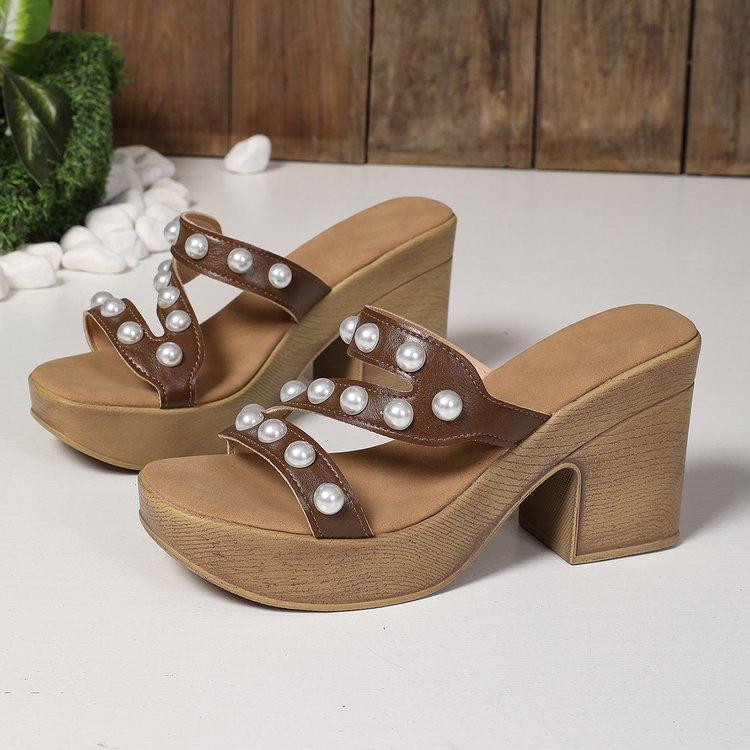 2025 European and American fashion version rhinestone thick-soled thick heel new high-heeled slippers versatile fashion slippers women