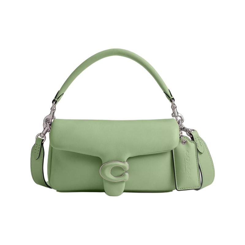 Coach Pillow 20 Flap Snap Closure Leather Crossbody Shoulder Bag Small Women's Silver with Light Pistachio