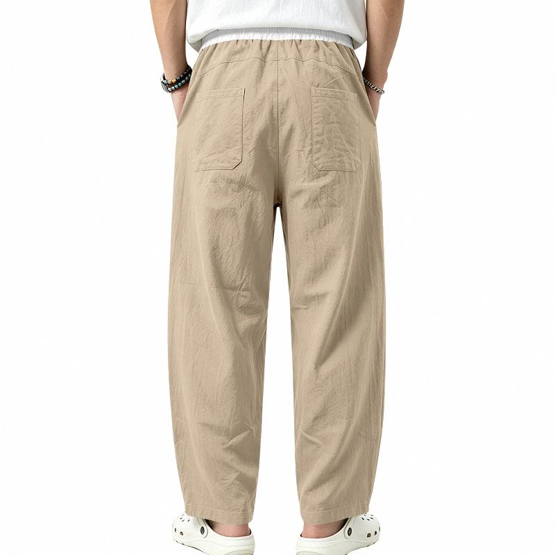 Men’s All-Season Lightweight Linen Trousers with Colour-Blocked Elasticated Waistband, Loose-Fit Curved-Leg Casual Trousers