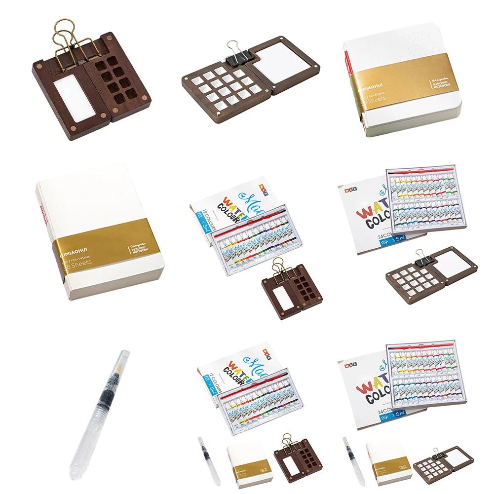 Mini Portable Watercolor Palette Set Watercolor Sketch Book with Binder Clips Portable Watercolor Travel Set for Travel Drawing