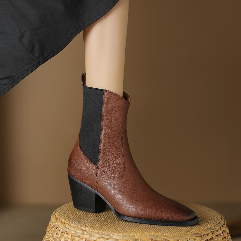 Vintage Women Ankle Boots Autumn Winter New Genuine Leather Elastic Band High-heel Shoes Woman Casual Retro Motorcycle Boots