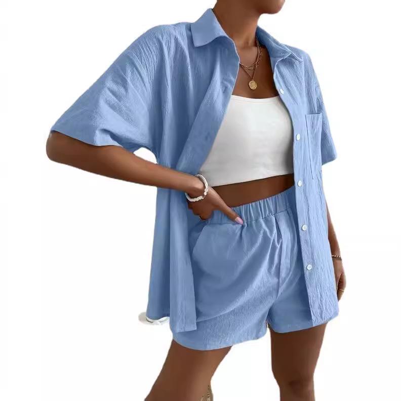 

Модный комплект IHUASU из хлопка и льна, однотонная рубашка с открытыми плечами и накладными карманами, шорты, однотонная рубашка с короткими рукавами M