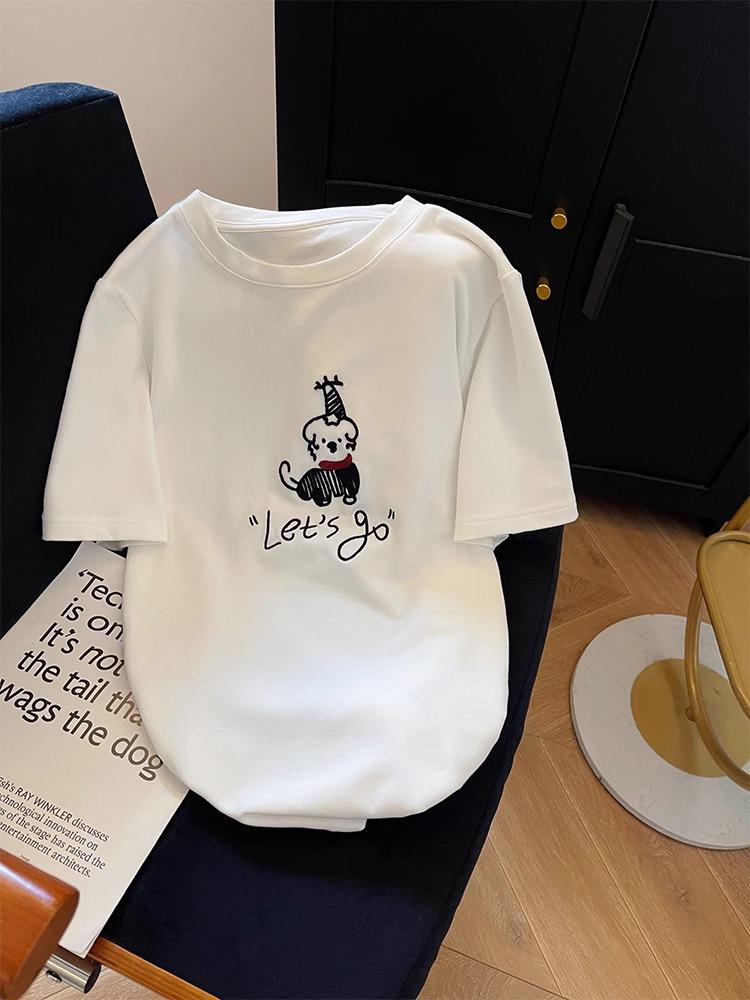 

Women s White Embroidered Puppy Short Sleeve T-shirt - Spring 2025 Casual Top XXL