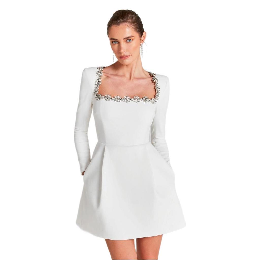 Letnia Damska Sukienka Wieczorowa A-Line z Długim Rękawem i Kwadratowym Dekoltem z Cyrkoniami