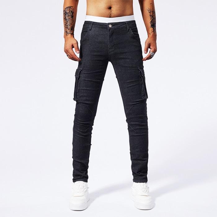 Thin Pants with Ties and Trousers with Multiple Pockets and Versatile Denim Trousers Workwear