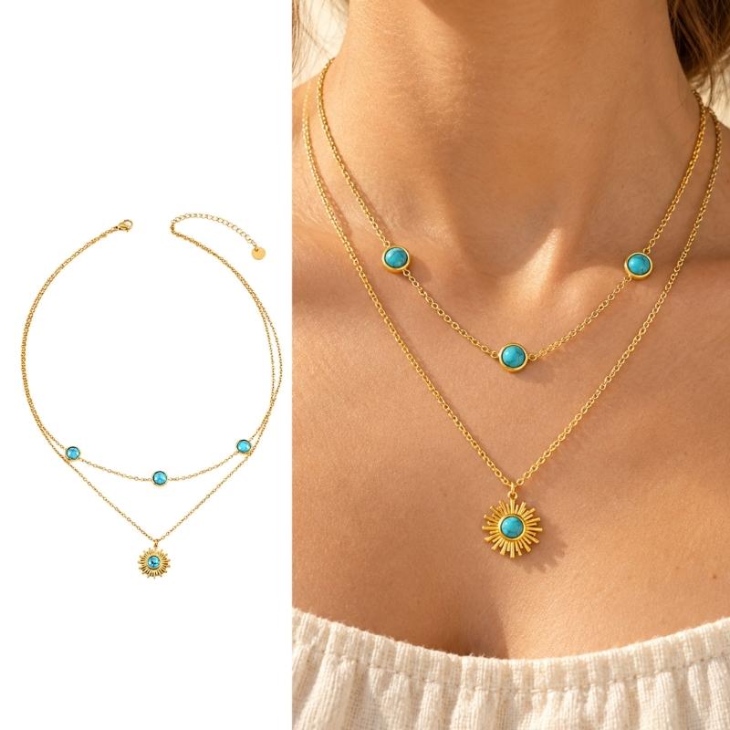 Gold-Tone Double-Strand Necklace Design with Stainless Steel and Titanium Steel Construction, Sunflower Pendant, and Adjustable Collarbone Chain