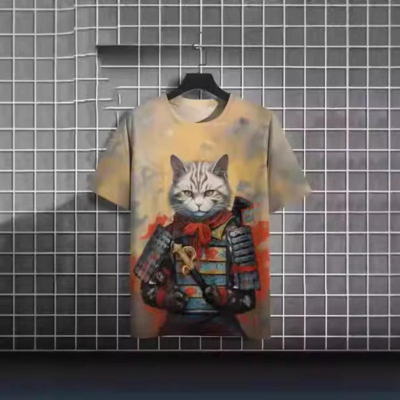 Fashion Print Cat Pattern T-Shirt Men's Casual Comfortable Short Sleeve Top Animal Cat Print