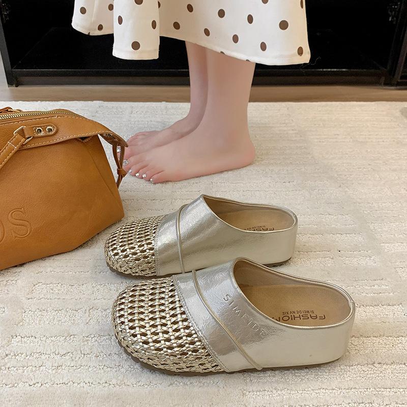 Thick-soled Bag Head Slippers Women's Summer Outer Wear 2025 New Imitation Leather Inner Height Increase Hollow Woven One-pedal Slippers