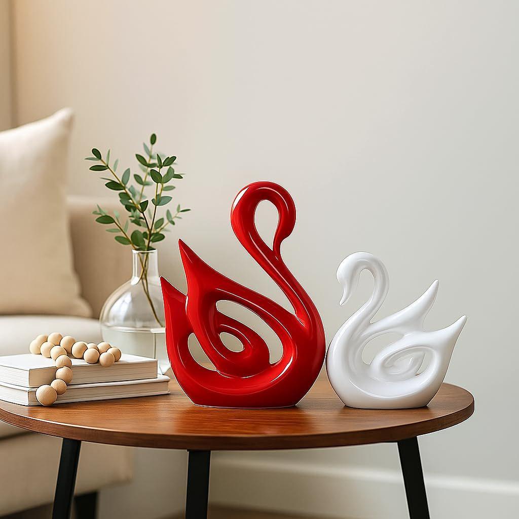 Lucky Swan Couple Piano Finish Ceramic Figures for Home Decor (Set of 2 Pc, Large, White & Red)