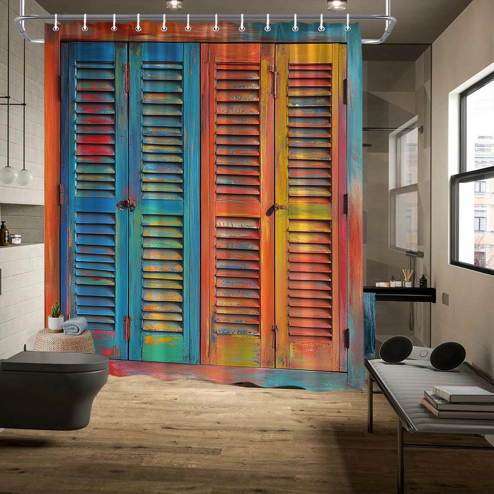 

1Pc Color Retro Louver Printed Shower Curtain - Vibrant Weathered Wooden Blinds In Faded Blue, Red Orange, And Yellow Tones W60H190(CM)-1 Pcs