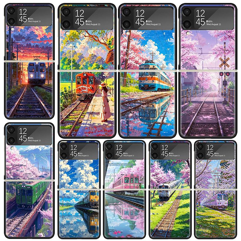 Retro Japanese Sakura Train Cases For Samsung Galaxy Z Flip 4 5 6 7 3 Z Flip7 Flip6 Flip4 Flip5 Flip3 5G Hard Shockproof Fundas