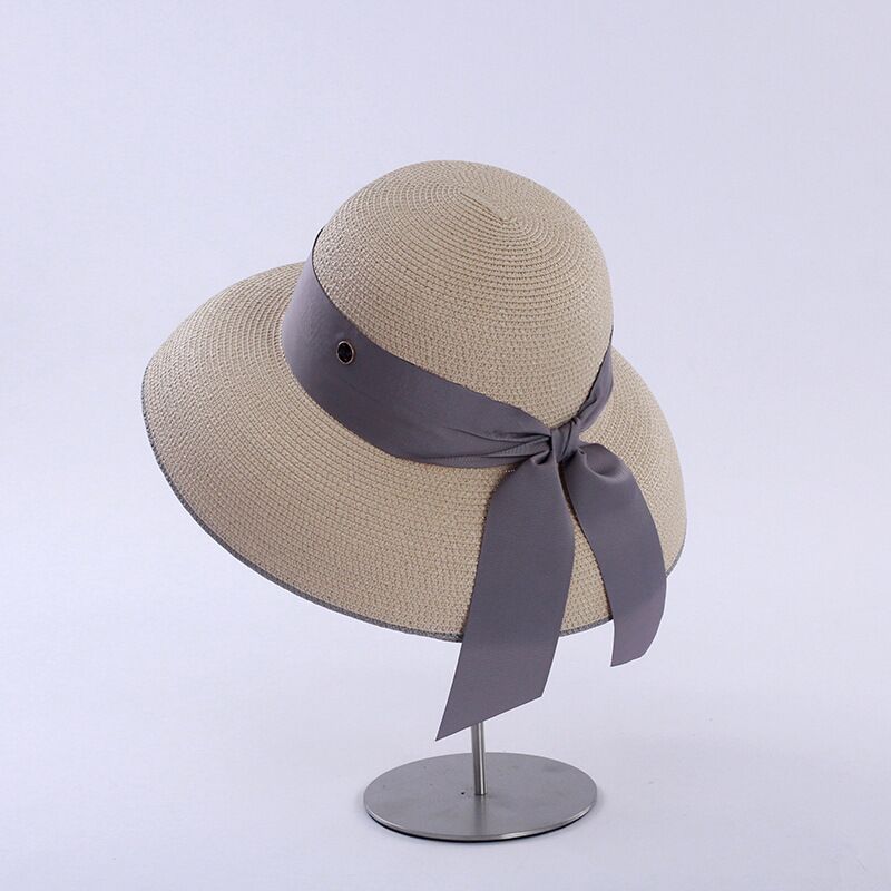 Retro French Hepburn Straw Hat Bow Female Summer Seaside Big Brim Sun Protection Shade Travel Vacation Leisure Wild Brim Beach H
