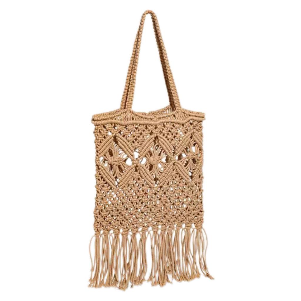 Bohemian Style Solid Color Large Capacity Women Casual Woven Bag With Tassels For Summer Beach Vacation Women