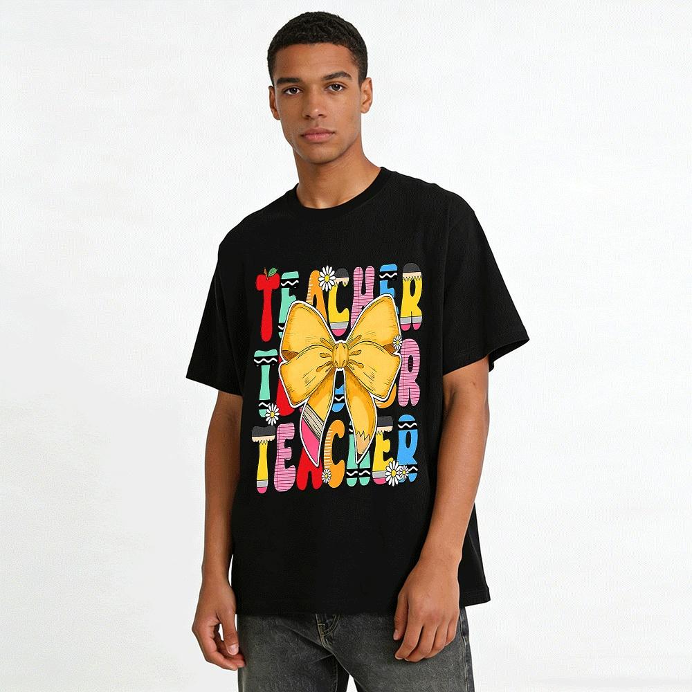 Playful TEACHER Bow Print Casual Short Sleeve T-Shirt Pure Cotton T-shirt