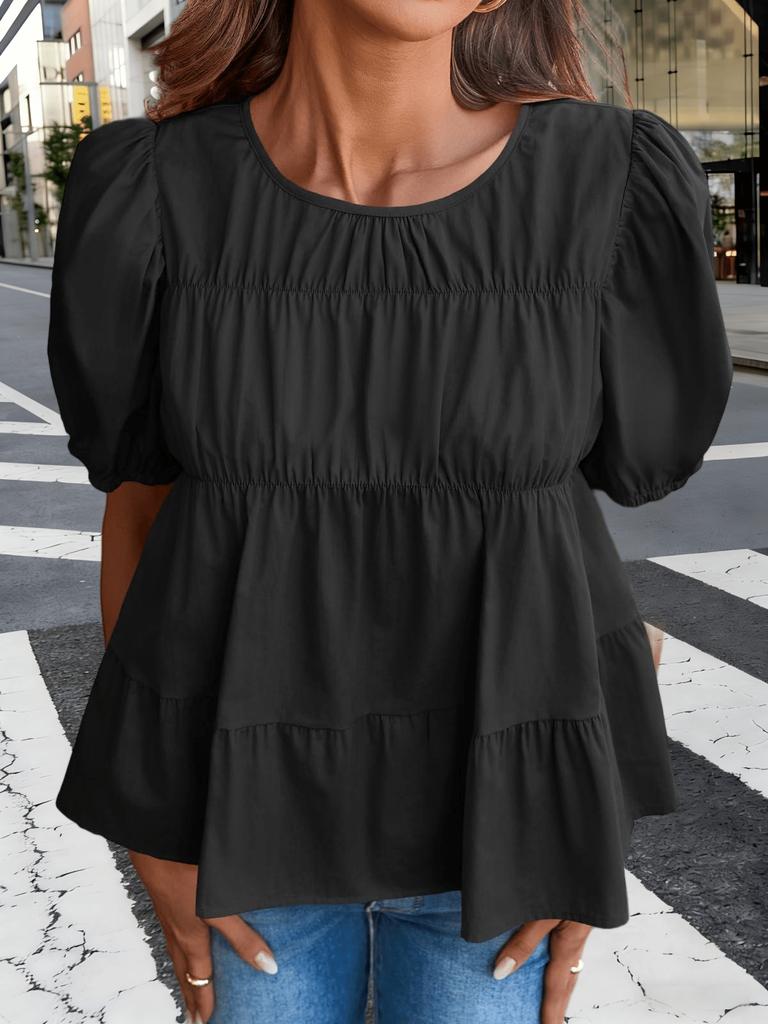 Blusa da Donna in Cotone Babydoll Manica a Sbuffo Smocked Peplo Top Svasato