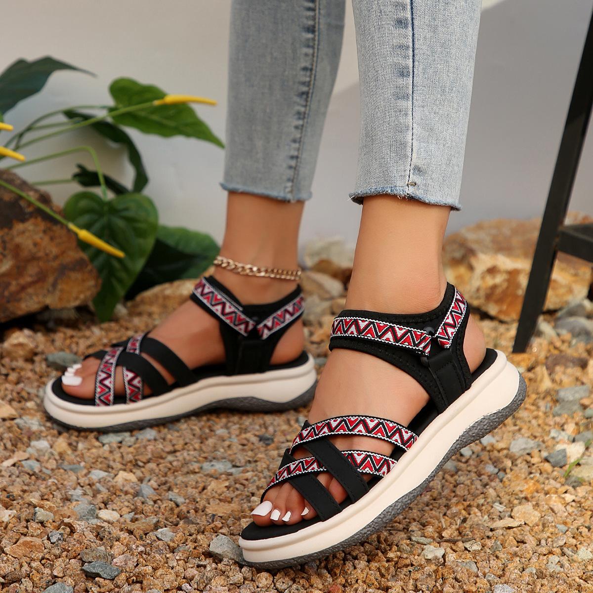 

Women s New Summer Color-block Fashion Ethnic Style Light Beach Shoes Cross with Peep-toe Soft Platform Sandals 43 чорний