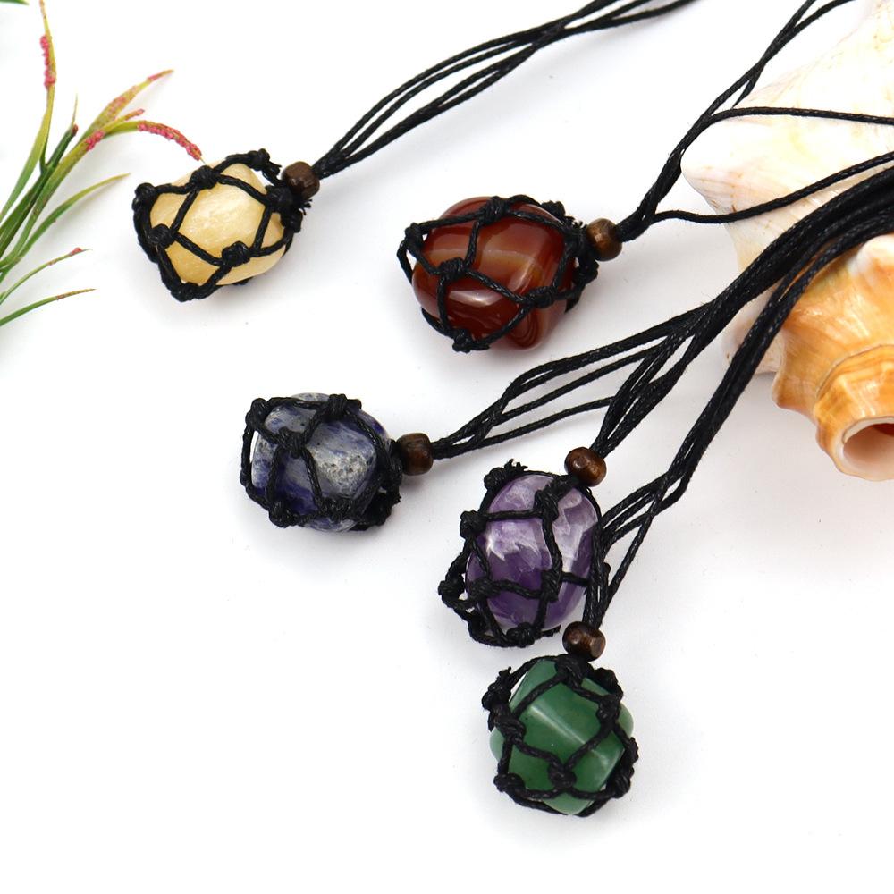 Handmade Black Rope Woven Natural Stone Crystal Rough Stone Mesh Pocket Adjustable Necklace Pendant N708