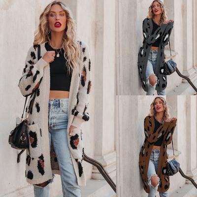 Winter Women's V-Neck Leopard Knit Cardigan Halloween Sweater Long Coat Fashion Casual