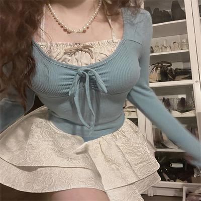 2023 Summer Kawaii Sladké Y2k Crop topy Žena Ležérne Tenká blúzka s dlhým rukávom Jednofarebná kórejská móda Bodycon Pulover Office Lady