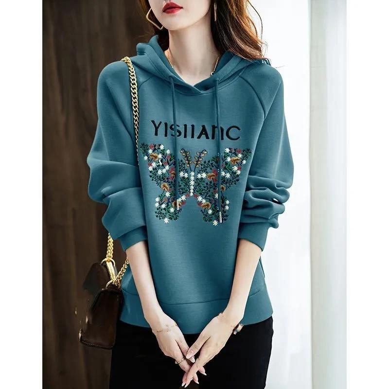 

Женский свитер Весенне-осенняя модная куртка Свободный с длинными рукавами Вышитый Большой размер Раннеосенний топ XXXL синий