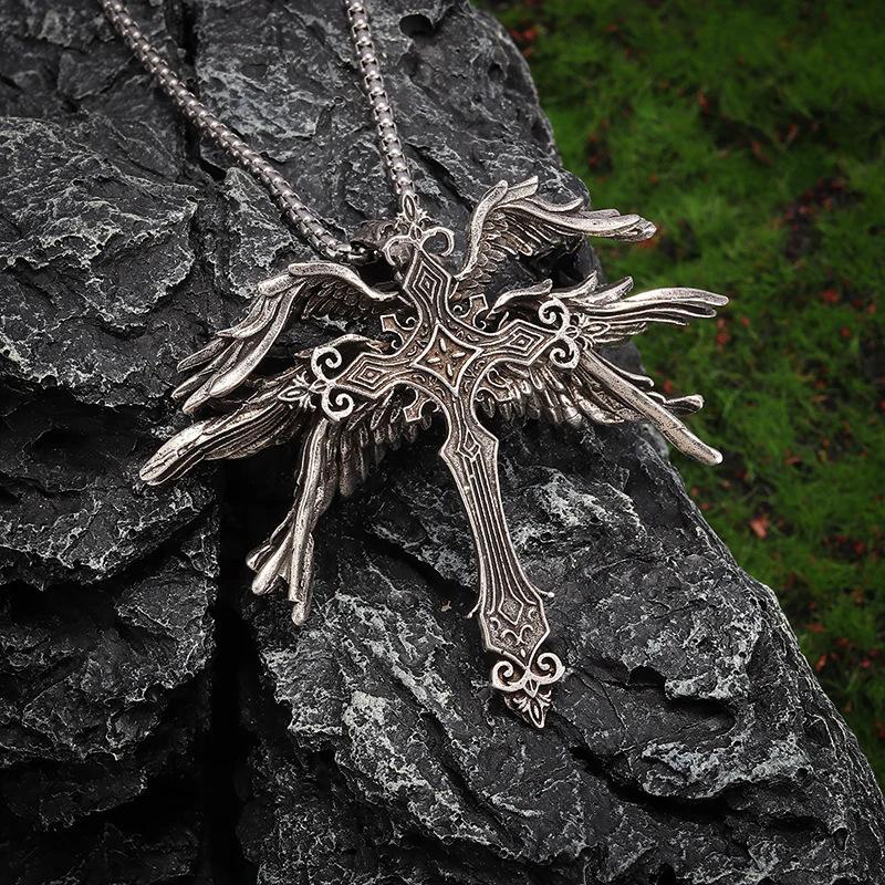 Vintage Silvery Six-Winged Angel Wing Cross Pendant Necklace, American Hip-Hop Punk Style Pendant.