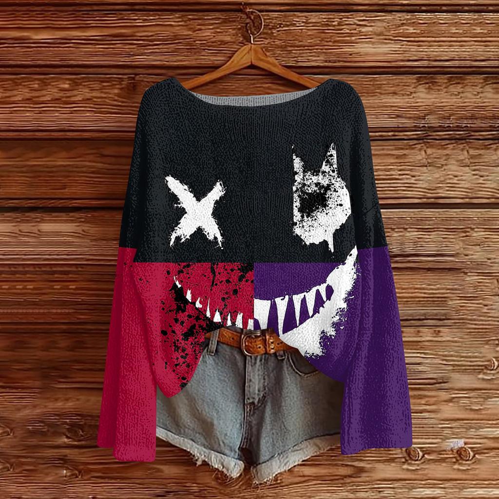 Women's Long Sleeve Halloween Print Crewneck Knit Pullover Sweater for Casual Daily Wear