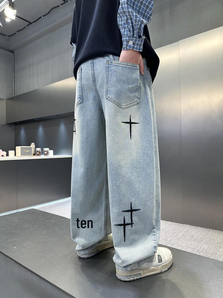Men's 2026 Spring Trend Loose Wide-Leg Jeans with Cross Star Embroidery