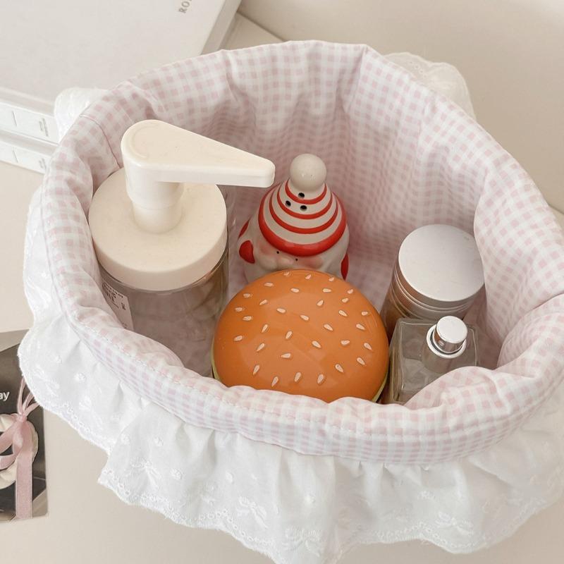 Ruffle Edge Polka Dot Stationery Storage Holder Sweet Pink Desktop Organizer Cute Small Basket for Snacks Scrapbook Supplies