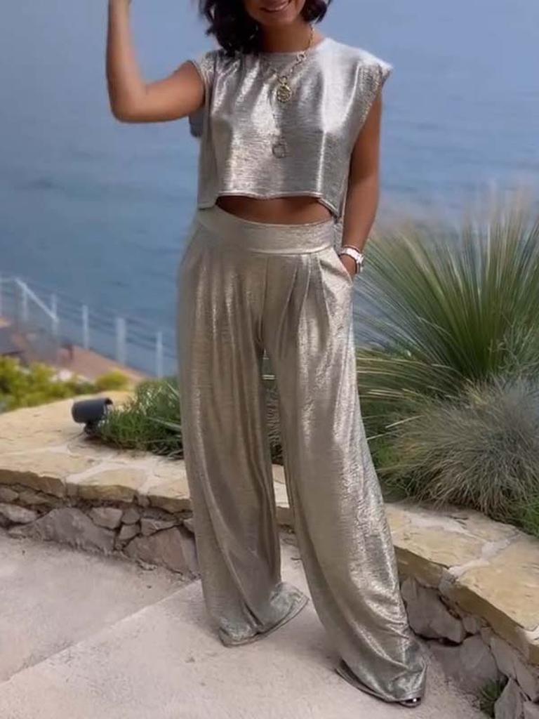 Summer New Arrivals Women's Fashion Casual Shiny Backless Wide Leg Pants Two-Piece Set