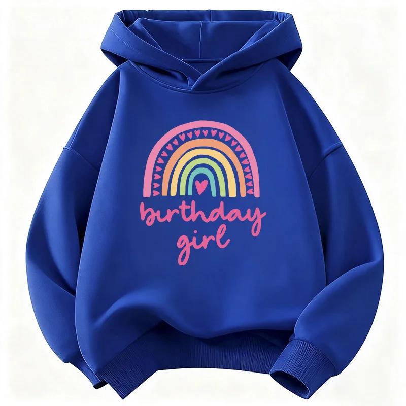 Autumn-Winter Fashion Rainbow Heart Birthday Print Children's Hooded Sweatshirt for Boys and Girls Retro Trendy Pullover Sweater
