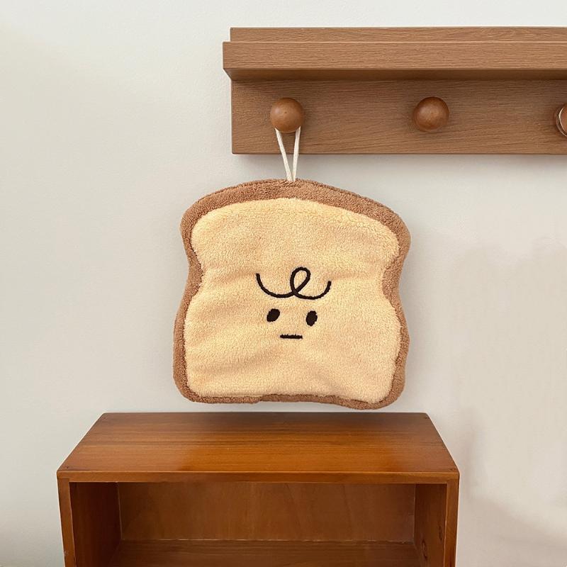 

1Pc Kawaii Bread Pattern Hanging Hand Towel Thick Coral Fleece Absorbent Cleaning Cloth For Kitchen Bathroom Daily Use