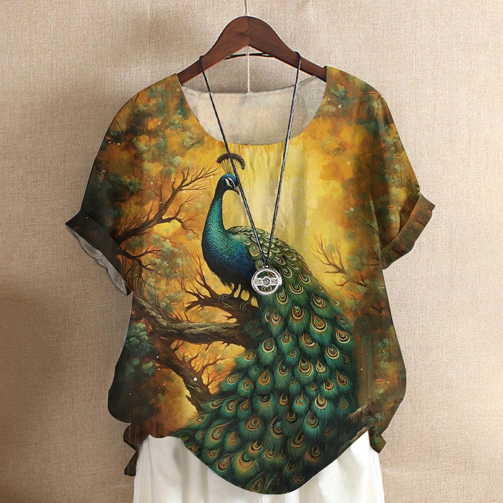 Harajuku Casual Short Sleeve Top Tee O Neck Oversized Female Clothing Women's T-Shirts Cute Animal Peacock 3d Print T-Shirt