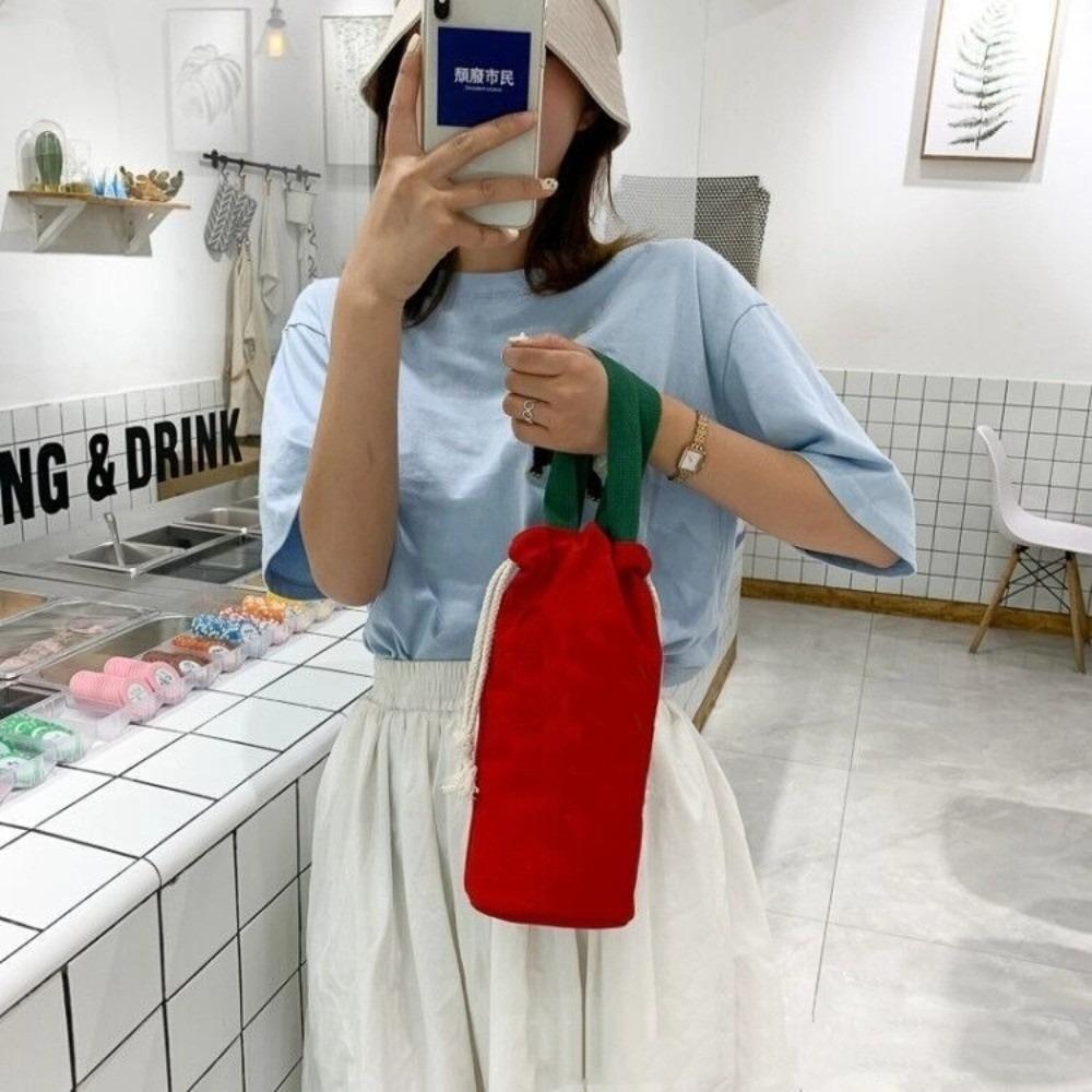 Portable Canvas Thermos Pouch Solid Color Handheld Drawstring Storage Bag Water Bottle Carrier Bag Outdoor