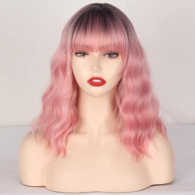 Women Short Ombre Pink Wavy Wig with Bangs Synthetic Fiber Shoulder Length Natural Wavy Ombre Pink Wig Daily Wear