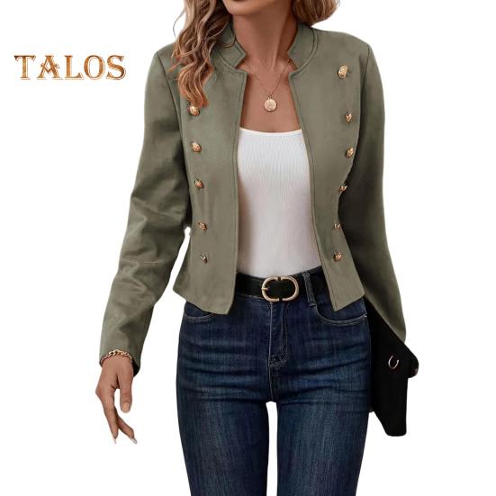 

Женская куртка с воротником-стойкой, длинный рукав, двубортный короткий костюм, пальто, однотонная деловая верхняя одежда S зелёный