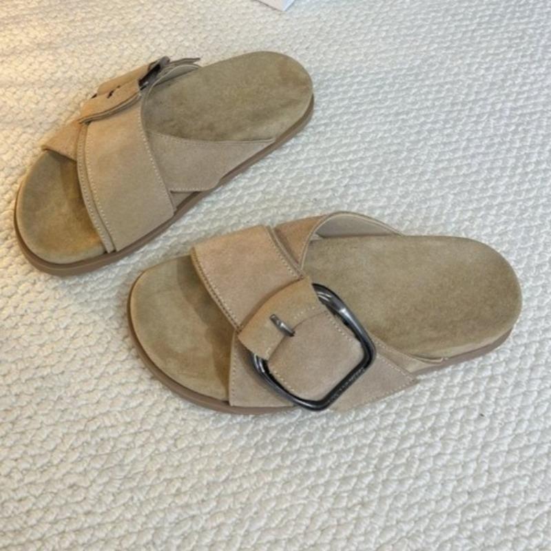 Fashion Metal Buckle Flat Flip Flops Summer New Round Head Open Toe Cross Strap Non-slip Wear-resistant Sandals
