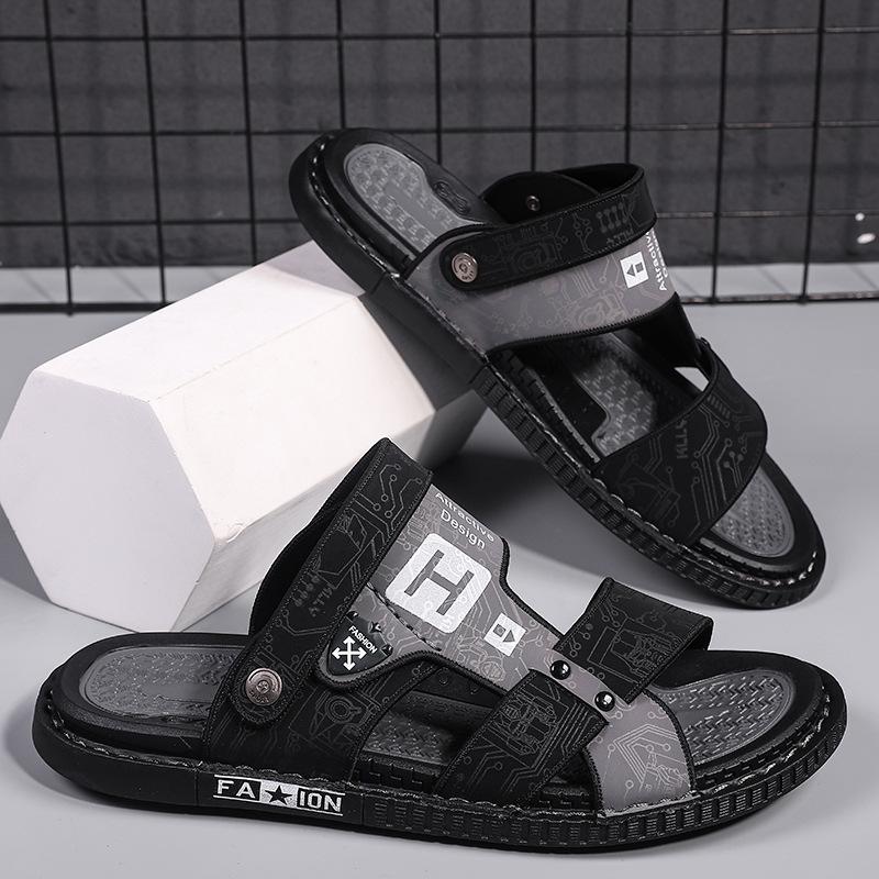 

Summer Men s PU Leather Dual-purpose Sandals Outdoor Anti-slip Soft Sole Flat Sandals Beach Holiday Slippers Sandalias De Hombre 39 чёрный