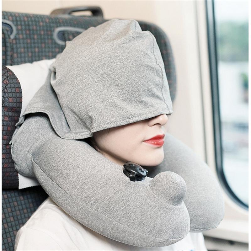 

Подушка для путешествий на открытом воздухе, поясничная подушка, серая надувная подушка с колпачком, защита шеи, надувная U-образная подушка для самолета серый