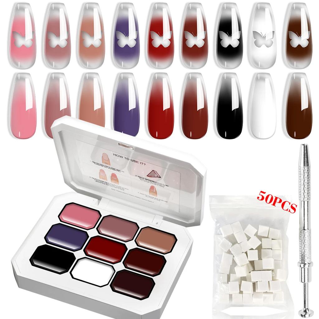 LIMEGIRL 7IN1 Gradient Painting Gel Kit 9 Grid Gradient Color Solid Nail Polish with 50pcs Sponge Nail Art DIY Color Gel Kit