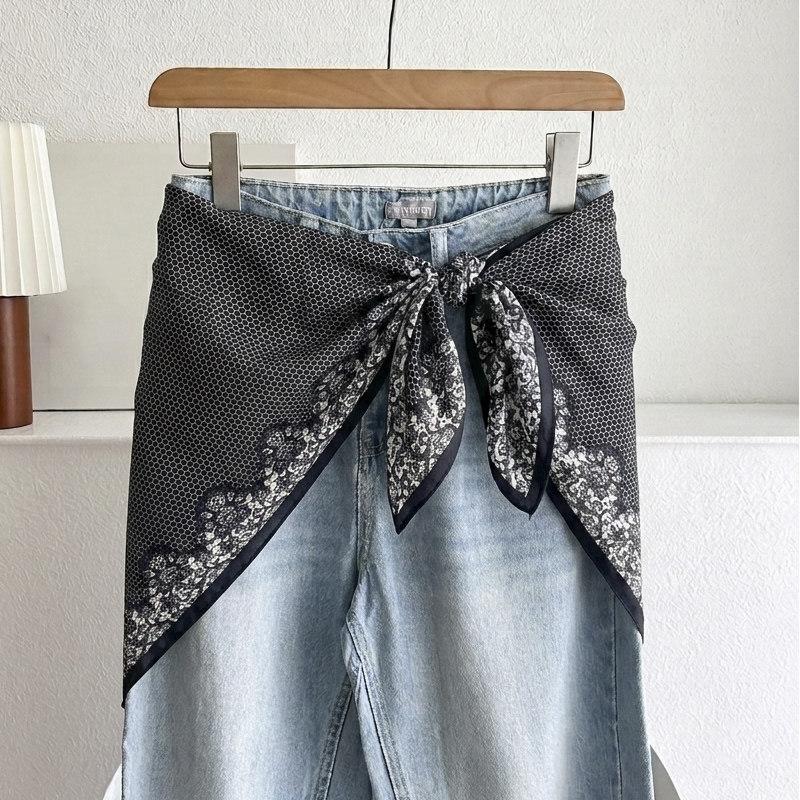 White Floral Small Silk Scarf Triangle Scarf Headscarf Belt Women's Decoration with Skirt Jeans Waist Accessories Fart Curtain