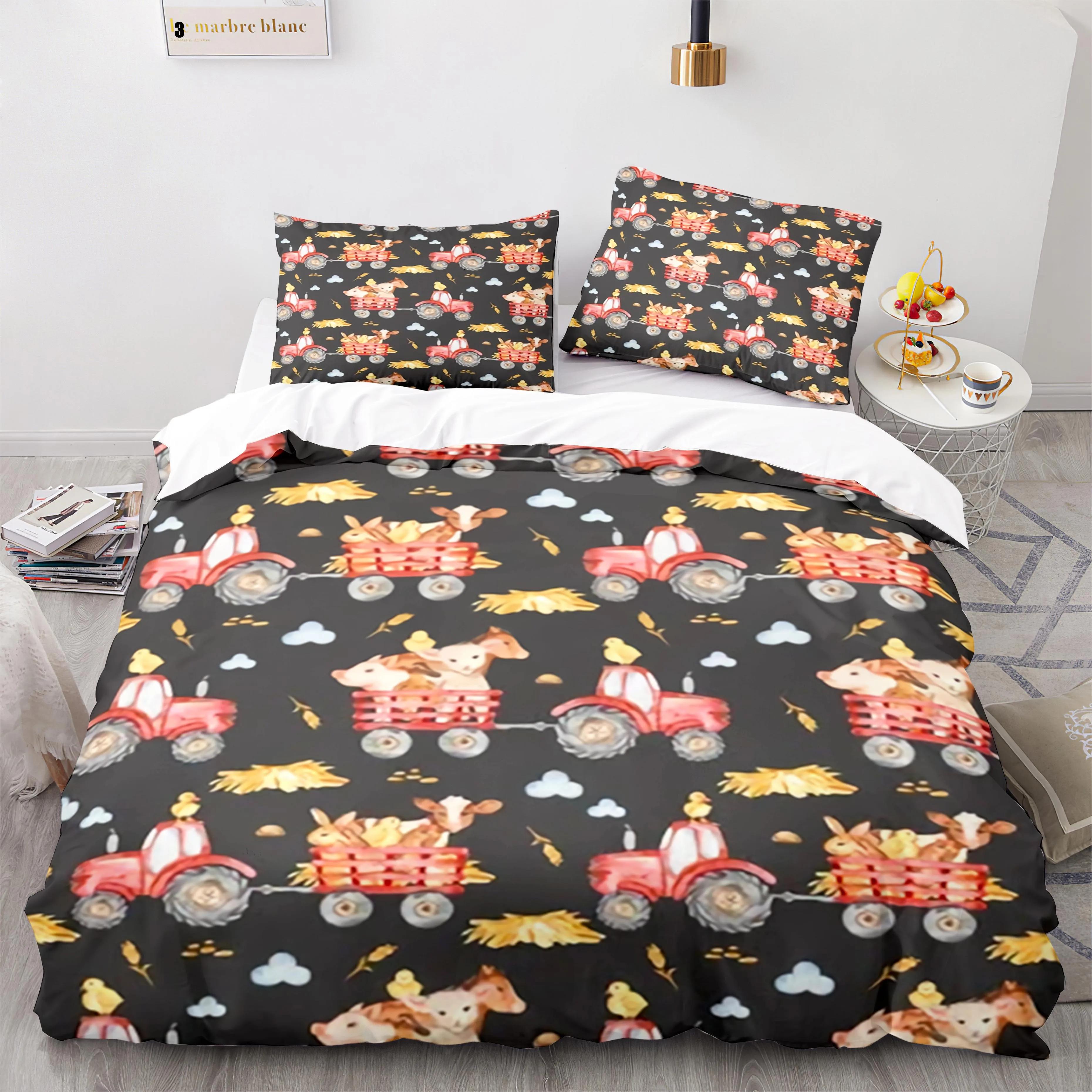 

Мультяшный Трактор Король Королева Пододеяльник Акварельный Стиль Экскаватор Постельный Комплект Для Детей Техника Бульдозер Полиэстер Пододеяльник 70x133cm 2pcs