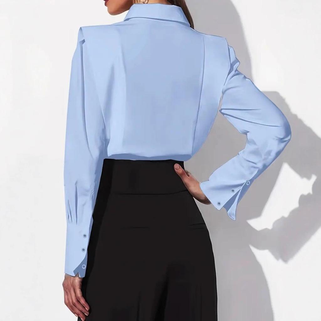 Damblus med spetskrage och långa ärmar, smal passform, för kontoret, enfärgad, polyester, knappskjorta