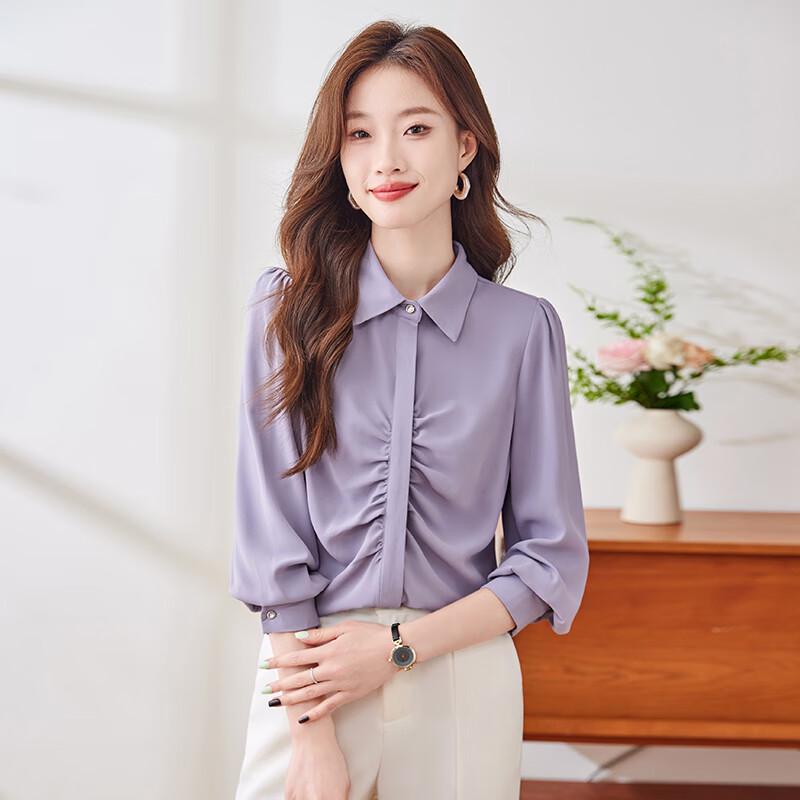 Teluoman Women s Pleated Long-Sleeve Office Shirt L