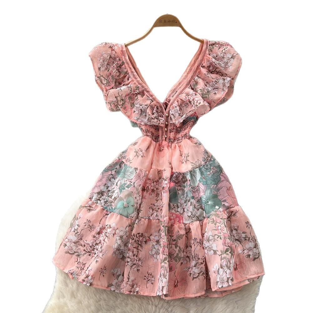 Floral sleeveless waist dress women's summer ruffle edge V-neck high waist A-shaped skirt commuter pink skirt