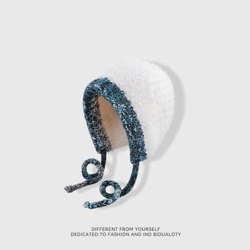 Winter warm ear protection color rope plush hat women's versatile windproof knitted wool hat plush thickened cycling pullover hat