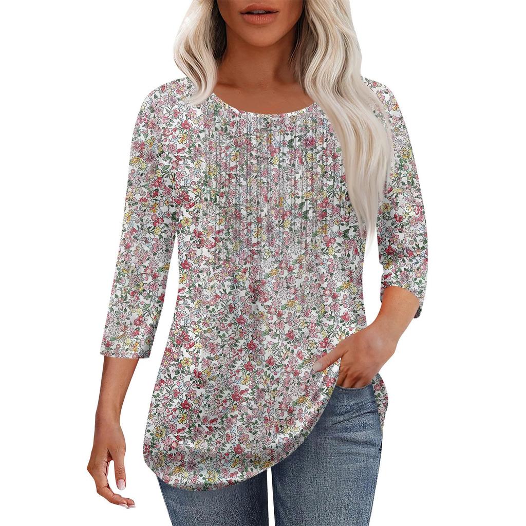 Women's Fashionable Casual Pleated Round Neck Casual Floral Print Seven Quarter Sleeved T-shirt Top