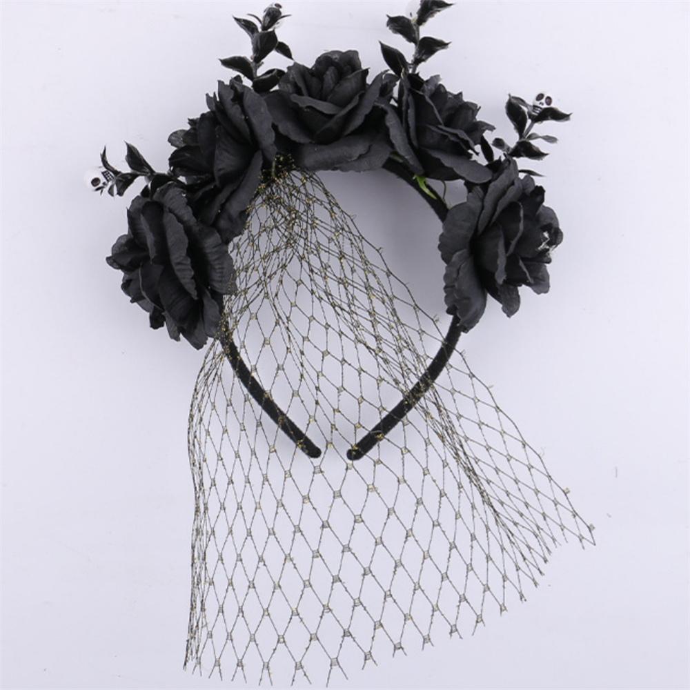 New Halloween Rose Flower Hair Band Hair Hoop Skull Crown Headband with Black Veil Costume Party Performance Cosplay Headwear