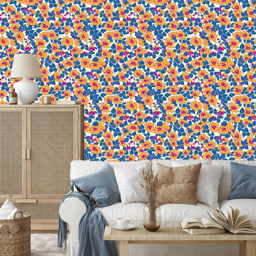 Blue and gold flowers wallpaper for living room and bedroom 50x1000