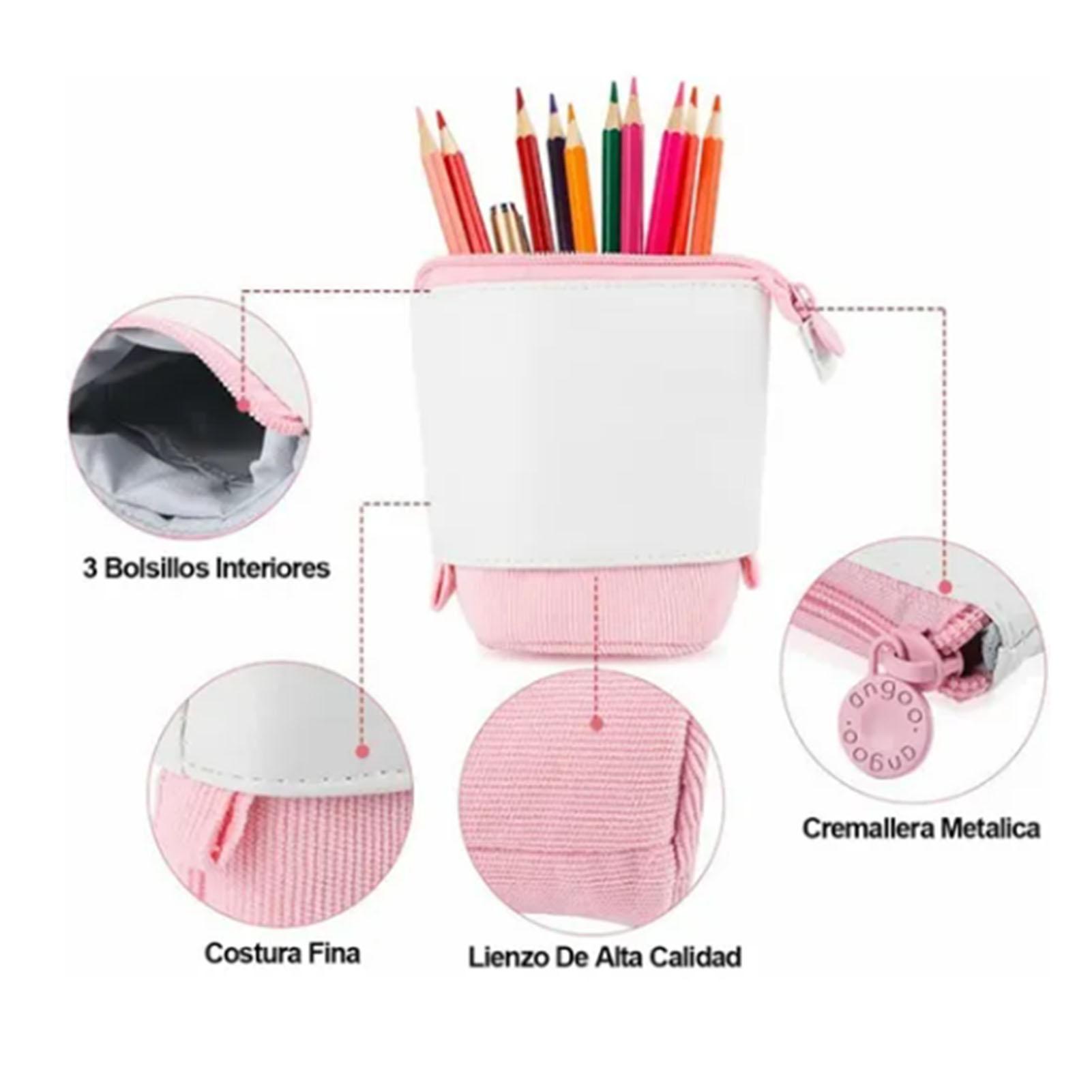 

Pink Standing Pencil Case Shrinkable Soft Comfortable Standing Pen Holder with 3 Pockets for School