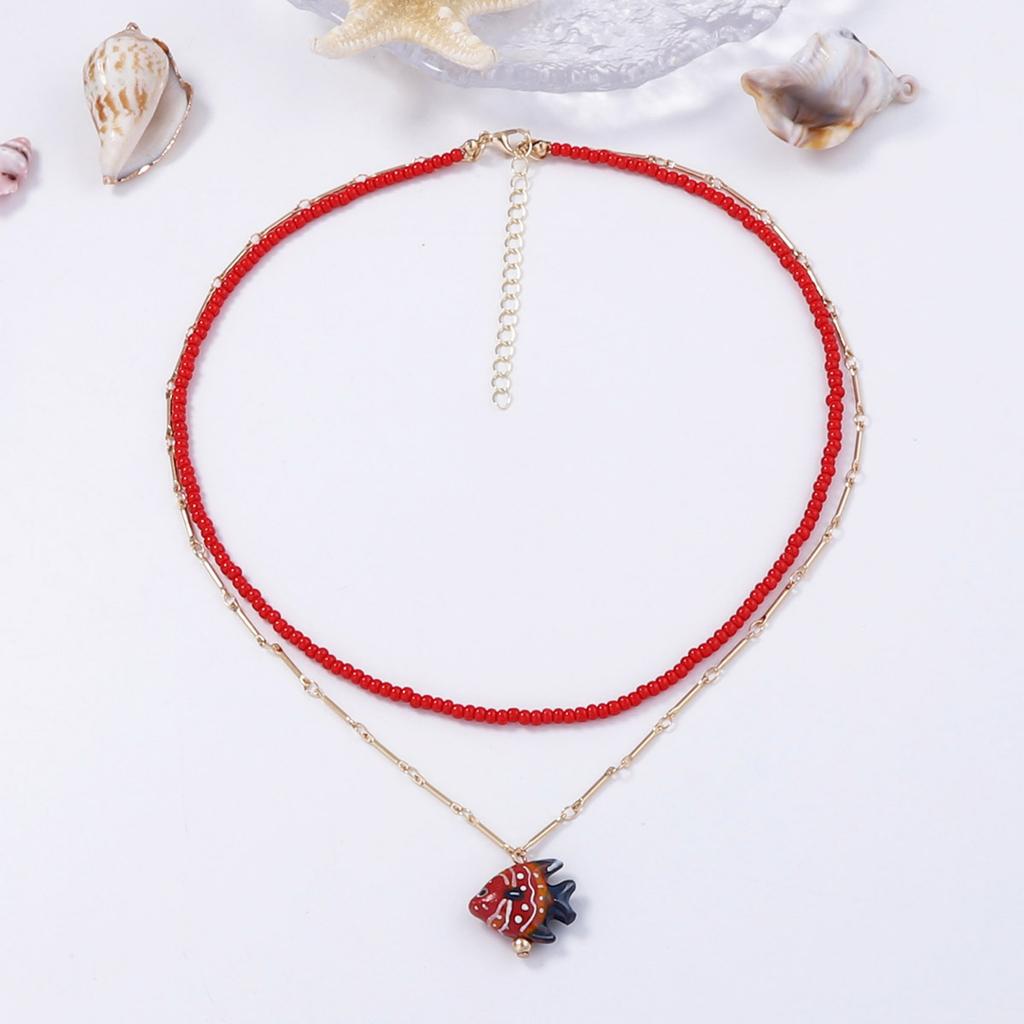 Necklace Jewelry Niche Unique Design Sense Double Layer Stacked Ceramic Goldfish Rice Bead Pendant Necklace Versatile Woman